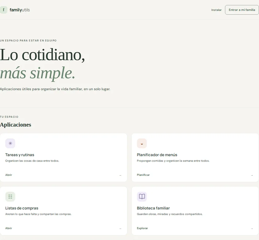 Family Utils home page in a demo screenshot with fictional data.