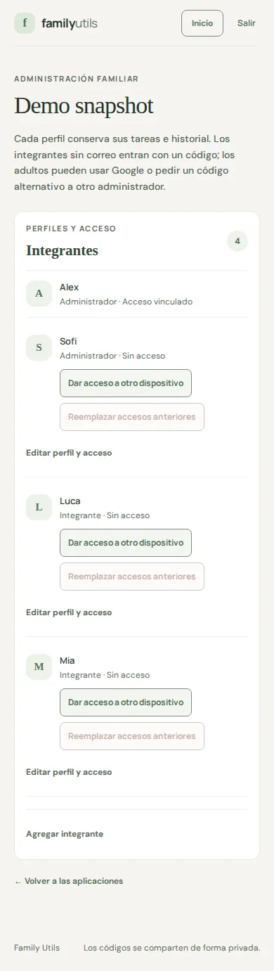 Demo screenshot of fictional family profiles.