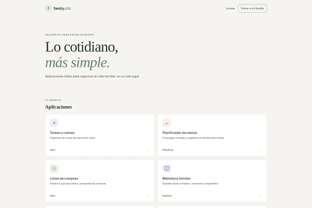Desktop screenshot of the Family Utils home page with fictional family examples.