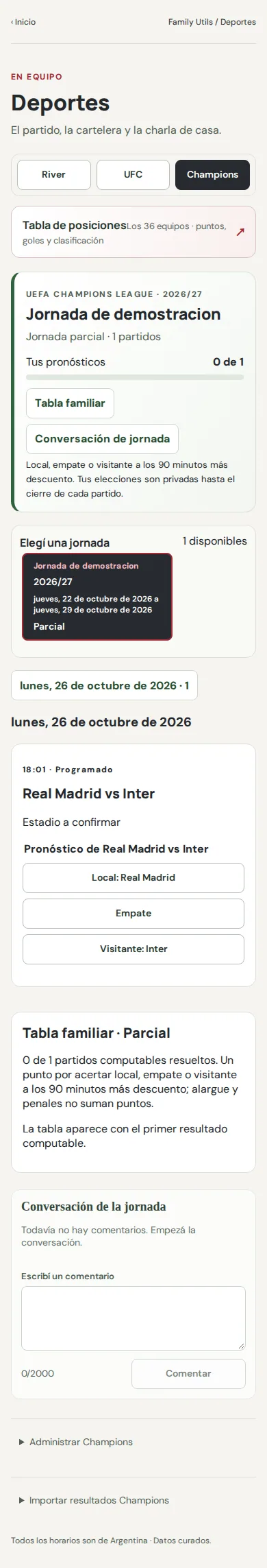 Sports demo screenshot showing Champions League matches.