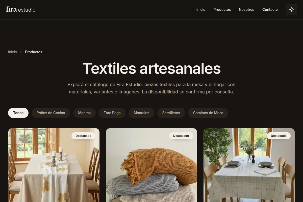 Fira Estudio's production catalog showing categories and featured textile products.