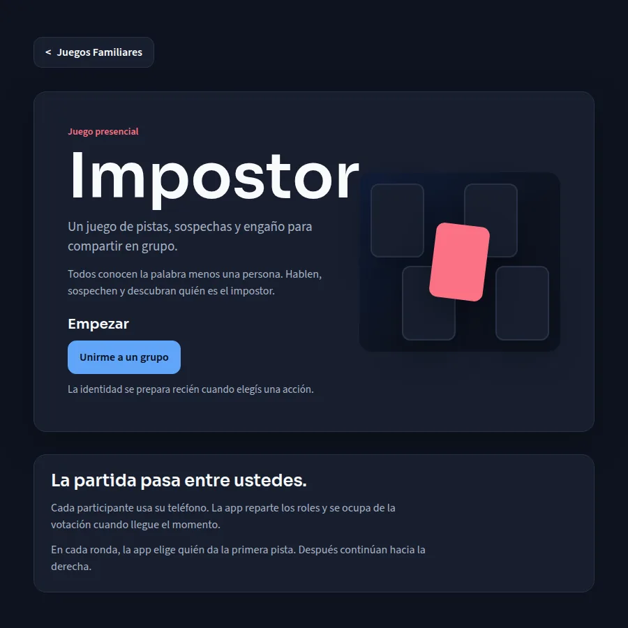 Impostor's production entry screen presenting the in-person game and the action to join a group.