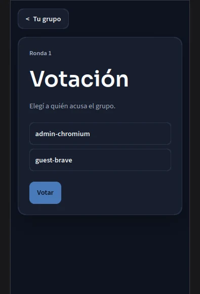 Impostor voting screen in a local session with test participants.