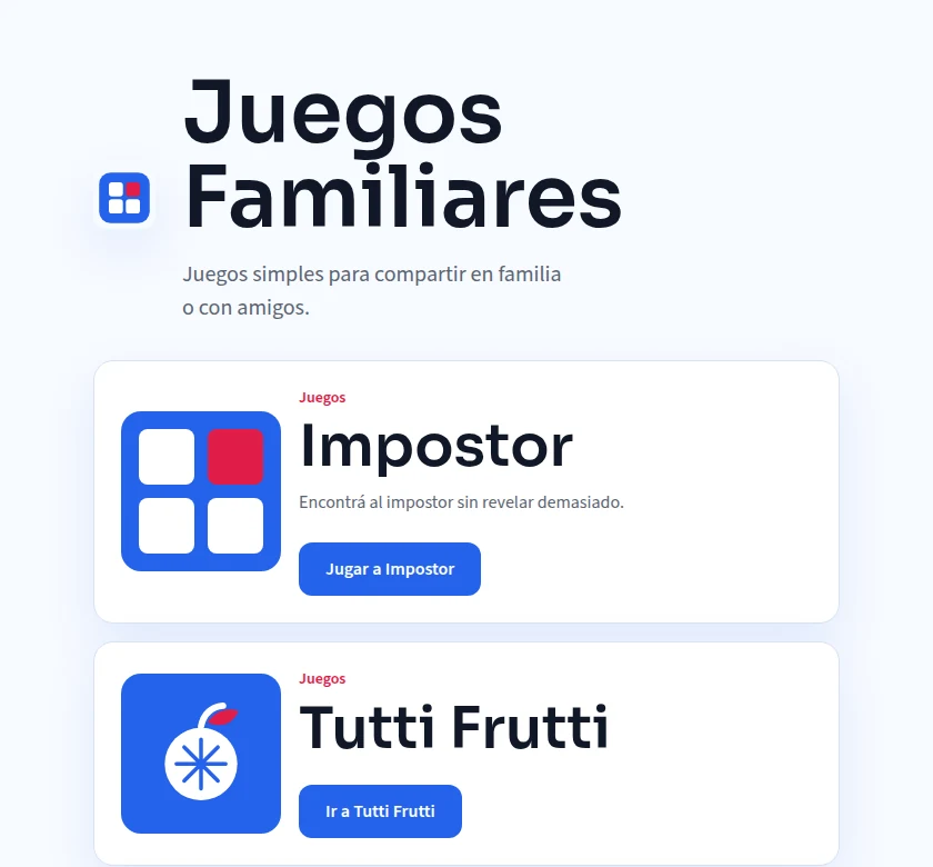 Portada de Juegos Familiares con las opciones Impostor y Tutti Frutti.